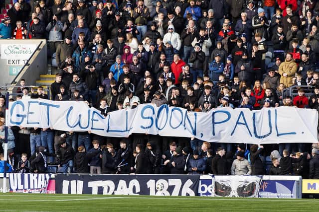 KIRKCALDY, SCOTLAND - JANUARY 25: Falkirk fans hold a banner for Assistant Manager Paul Smith during a William Hill Championship match between Raith Rovers and Falkirk at Stark's Park, on January 25, 2025, in Kirkcaldy, Scotland. (Photo by Mark Scates / SNS Group)