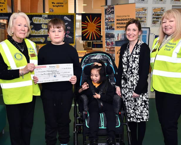 Rotary Club of Falkirk present £1000 to the Timezone to purchase sensory equipment. Pictured: Nancy Rule, Rotary Club of Falkirk Rotarian and Rotakids district coordinator; Mark Russell, P6; Zana Fernandez, P2; Vicki Watson, Deputy Head responsible for Timezone and Mary Sneddon, Rotarian.