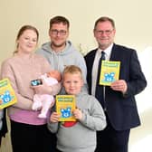 Chief Registrar Fiona Mitchell with baby Avah and her family from Denny, mum Lindsay McDonald, dad Kevin Reddy with Avah's brother Aidan, and Councillor Gary Bouse. Pic: Falkirk Council
