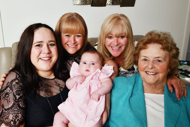 The all-female five generations pictured in clockwise direction starting with: Baby Belle Cairns 3 months; Mum Natalie Taljaard 28; Gran Lynne Taljaard 49; Great Gran Linda Reyneke 66, and Great Great Gran Ethel Binnie 87.  (Pic: Michael Gillen)