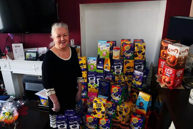 Stenhousemuir resident Linda Foster asked for Easter egg donations for vulnerable children instead of birthday gifts and has collected more than 750 through her Families in Need Facebook page. Picture: Michael Gillen.