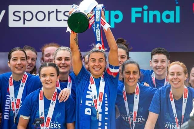 Rangers captain and Redding native Nicola Docherty lifts the Sky Sports Cup after a 4-1 win over Partick Thistle last Sunday afternoon (Photo: Ewan Bootman/SNS Group)