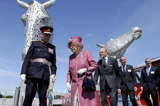 HM The Queen and HRHThe Duke of Edinburgh arrive at the Kelpies