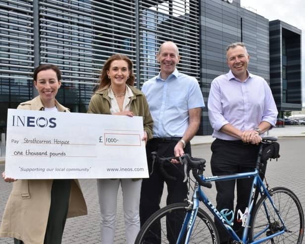 Pictured with the cheque for £1000 are Claire Kennedy (Strathcarron Hospice) and Claire Black, Ronnie Robinson and Tim Beesley (INEOS)