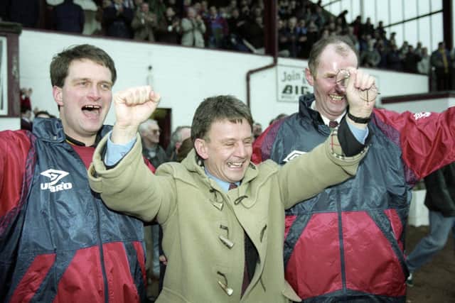 Stenhousemuir manager Terry Christie celebrates his side's famous Scottish Cup victory over Roy Aitken's star-studded Dons after the full-time whistle (Photo: SNS Group)