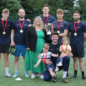 MintBox, the adult football tournament winners, received their trophy from Ferry Fair chairwoman Jane Harkin.