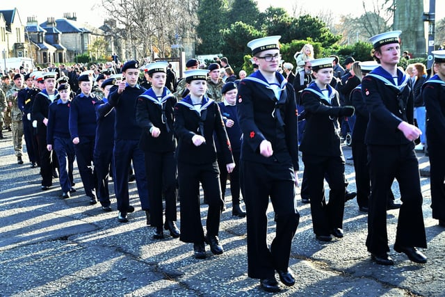 Cadets march to the war memorial during Grangemouth Remembrance Day 2022
