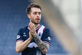 Derby day matchwinner Brad Spencer applauds the Falkirk fans after the 1-0 win against Dunfermline (Photo: Mark Scates/SNS Group)