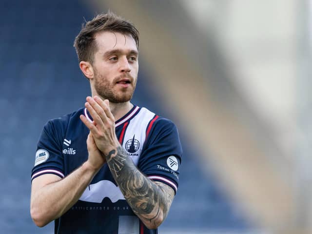 Derby day matchwinner Brad Spencer applauds the Falkirk fans after the 1-0 win against Dunfermline (Photo: Mark Scates/SNS Group)