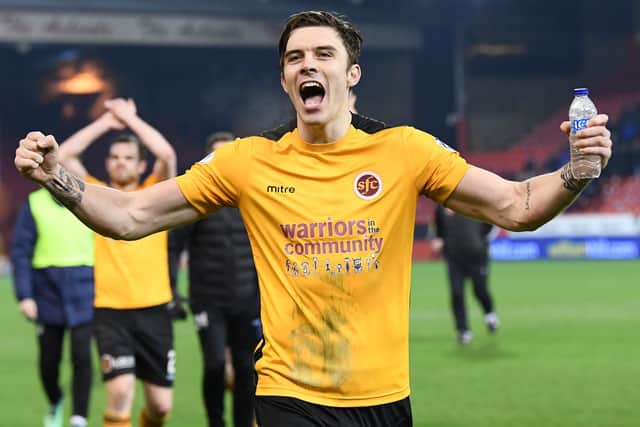 Stenhousemuir's Mark McGuigan celebrating after the Warriors drew 1-1 against Aberdeen in the Scottish Cup's fourth round in January 2019, forcing a replay they lost 4-1 at home (Photo: Ross Parker/SNS Group)