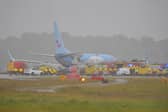 The plane skidded of the runway at Leeds Bradford Airport amid high winds and heavy rain