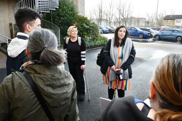 Councillor Laura Murtagh speaking to protestors  ahead of last week's Falkirk Council budget meeting. Pic: Michael Gillen