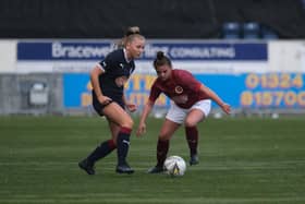 Falkirk's Ellie Roberts looks to beat Stenhousemuir's Shantel Paterson during the first meeting between the sides this campaign (Photo: Alex Todd/Sportpix)