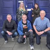 Hugh’s wife, Mags Wright (top right), handed over the cheque at the Cancer Research UK shop in High Street, Linlithgow. Left to right Yvonne Stevenson, Mags Wright, Ian Shiells, David Thornton, Colin Fowler.