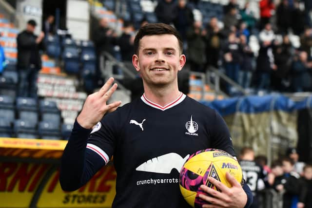 McGuffie picked up the match ball after scoring what was a first senior career hat-trick against Peterhead for Falkirk recently (Photo: Michael Gillen)