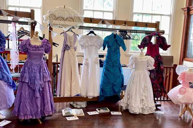 More outfits at the Bo'ness Fair for the Fair exhibition including 2012 Queen Nicole Bell and her Chief Lady Carla's Kirking Dresses and a 2006 Lady in Waiting