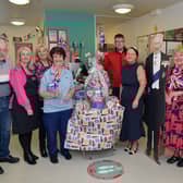 Coronation fever at FVRH, left to right: George McCallum; Lorraine McLaren, staff; Carol Arbuckle, staff; Margaret McDonald, OT ward 4/5; Stephen McNulty, volunteer; Kirstie Inglis, service manager RVS; Loretta Parker, volunteer, and Margaret Erskine, volunteer.