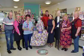 Coronation fever at FVRH, left to right: George McCallum; Lorraine McLaren, staff; Carol Arbuckle, staff; Margaret McDonald, OT ward 4/5; Stephen McNulty, volunteer; Kirstie Inglis, service manager RVS; Loretta Parker, volunteer, and Margaret Erskine, volunteer.