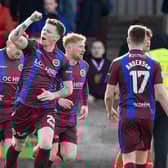 Dunfermline loanee Sam Fisher celebrates in front of the home fans after Stenhousemuir’s late leveller last Saturday v ICT (Photo: Dave Johnston)