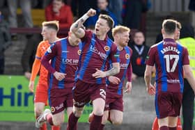 Dunfermline loanee Sam Fisher celebrates in front of the home fans after Stenhousemuir’s late leveller last Saturday v ICT (Photo: Dave Johnston)