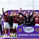 Manager Gary Naysmith lifts the League Two trophy aloft after Stenhousemuir's 1-1 draw with Bonnyrigg Rose at Ochilview (Photo: Michael Gillen)