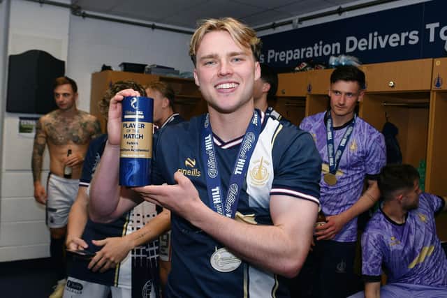 Ethan Ross with his man of the match award after scoring twice against Hamilton Accies on the final matchday (Photo: Michael Gillen)