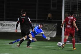 Sam Colley netted twice for Dunipace against local rivals Camelon Juniors last Friday night during a 2-1 East of Scotland first division victory (Picture by Mark Brown)