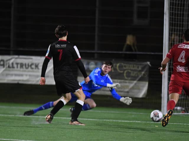Sam Colley netted twice for Dunipace against local rivals Camelon Juniors last Friday night during a 2-1 East of Scotland first division victory (Picture by Mark Brown)