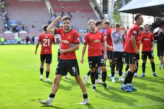 Ross MacIver celebrates Falkirk's 2-0 win against Dunfermline at East End Park in August (Photo: Michael Gillen)