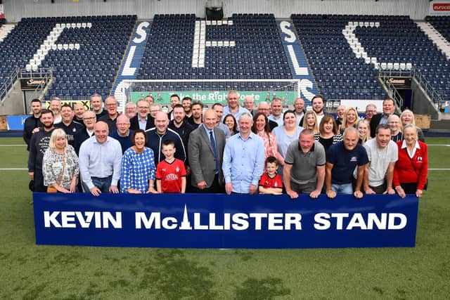 Sponsors pictured the 'Crunchie' and club legend Alex Totten in front of the soon to be Kevin McAllister Stand (Photos: Michael Gillen)