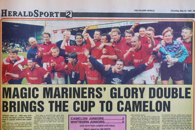 The Falkirk Herald coverage of Camelon Juniors beating Whitburn Juniors 2-1 in the Final of the Scottish Junior Cup, May 21 1995. Derek 'Dodger' Hatson -  second row, third from left