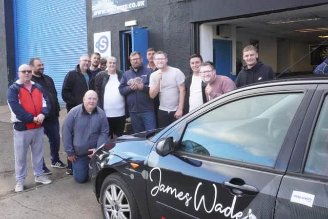 James Wade with Tuesday's opponents at Bonnybridge garage WH Tyres