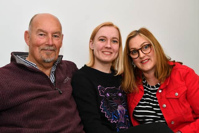 Natasha Matiusha with her future in-laws, Helen  and Donald MacKinven of Bonnybridge, Picture: Michael Gillen