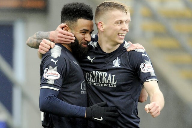 March 10, 2018: Falkirk 3, Morton 1
Alex Jakubiak celebrating with fellow Falkirk goal-scorer Andrew Nelson after netting their side's third against Morton, Aaron Muirhead having got their first from the penalty spot (Photo: Michael Gillen)