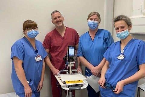 From left, Leanne Hamil (Urology Advanced Clinical Nurse Specialist), Mr Gavin Lamb (Consultant Urologist), Lynda Brown and Eva Cadenhead (Staff Nurses) in the urology department in Forth Valley Royal Hospital.