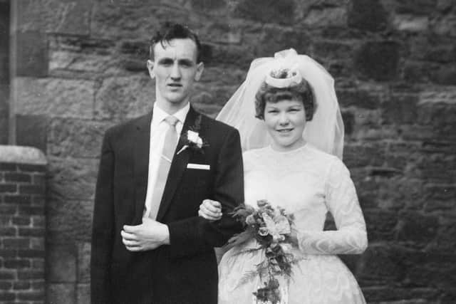 Robert Rankine and Elizabeth Rankine on their wedding day at Bainsford Parish Church on July 29, 1961
