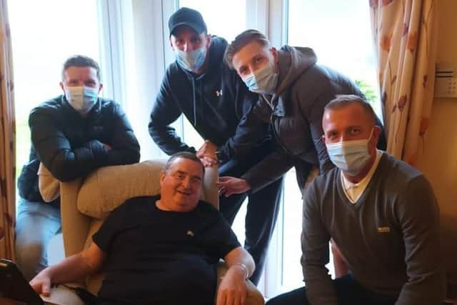 Falkirk FC first-team players Paul Watson, Liam Henderson and Sean Mackie visited Gary at Strathcarron Hospice back in December (Photo: Contributed)