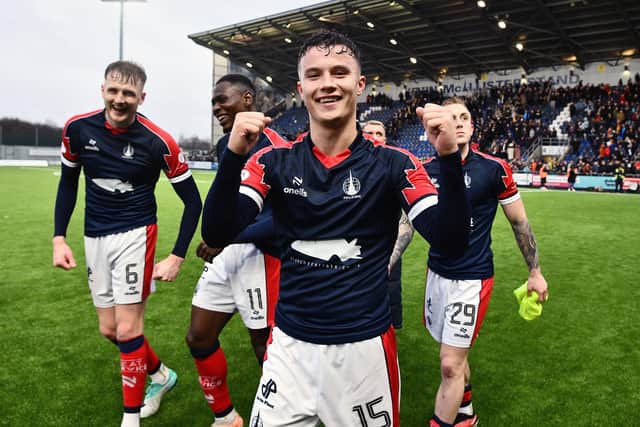 Hibs loanee Dylan Tait celebrates at the end of the Hamilton Accies match which Falkirk won 3-2 (Photo: Michael Gillen)