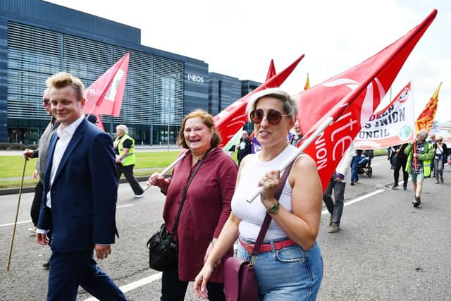 Falkirk MP Euan Stainbank with his former Falkirk Council colleagues, Councillors Anne Hannah and Siobhan Paterson, on the march to save Grangemouth refinery jobs. Pic: Michael Gillen