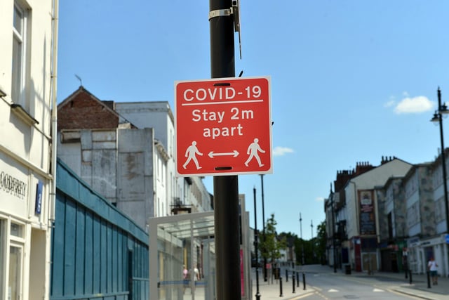 This sign on Hall Gate warns people to keep 2m apart from one another in the changed Doncaster town centre pedestrian arrangement.
