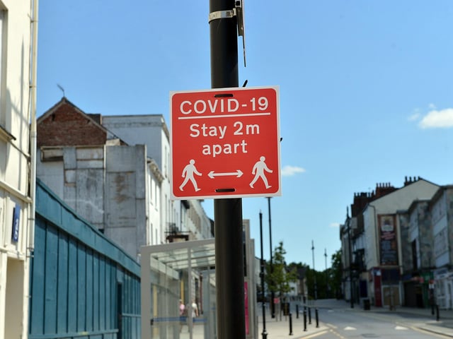 This sign on Hall Gate warns people to keep 2m apart from one another in the changed Doncaster town centre pedestrian arrangement.