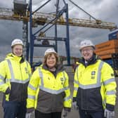 MSP Fiona Hyslop joins Forth Ports' Derek Knox and Stuart Wallace at Grangermouth Docks(Picture: Peter Devlin)