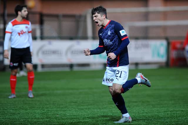 Charlie Telfer celebrates after putting Falkirk 1-0 up at Clyde (Pic by Michael Gillen)