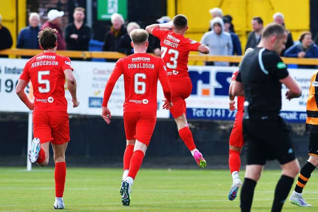Kennedy jumps for joy at Alloa last weekend after netting his fifth goal in just four outings (Photo: Michael Gillen)