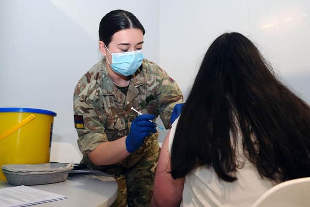 Kelly Beal, of the 1st Armoured Medical Regiment based in Tidworth, is among those supporting the coronavirus vaccination programme at Forth Valley College's Falkirk campus. Picture: Michael Gillen.