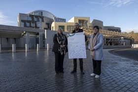 Karen Motherwell, head of Haven Products along with Haven workers Calum Stewart and Lynne Paterson outside the Scottish Parliament.  (Pic: Jeff Holmes)
