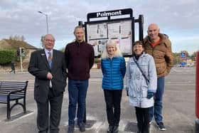 The unveiling of benches and noticeboard in Polmont Main Street, left to right, Councillor Gordon Forrest, Michael Stuart, Louisa McGrandles, Audrey Morrison for Clackmannan and Stirling Environmental Trust and Kevin Ashe. Pic: Contributed