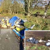 Commercial waste dumped on Bonnytoun Farm to Bonsyde Road in November. Inset: Fly-tipping on the Kingsfield to A803 road at Burghmuir.