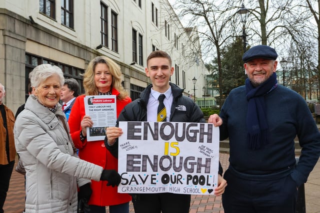 Margaret, Lisa and Kyle from Grangemouth High with Councillor Robert Spears protest over Grangemouth High losing its pool.