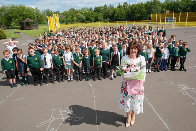 Anne O'Donnell with the pupils of St Patrick's Primary in Denny